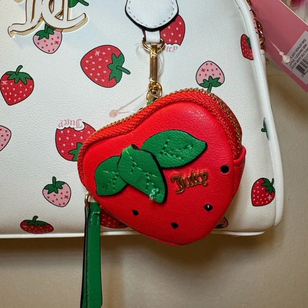 Juicy Couture White Strawberry Print Satchel with Red Strawberry Charm
